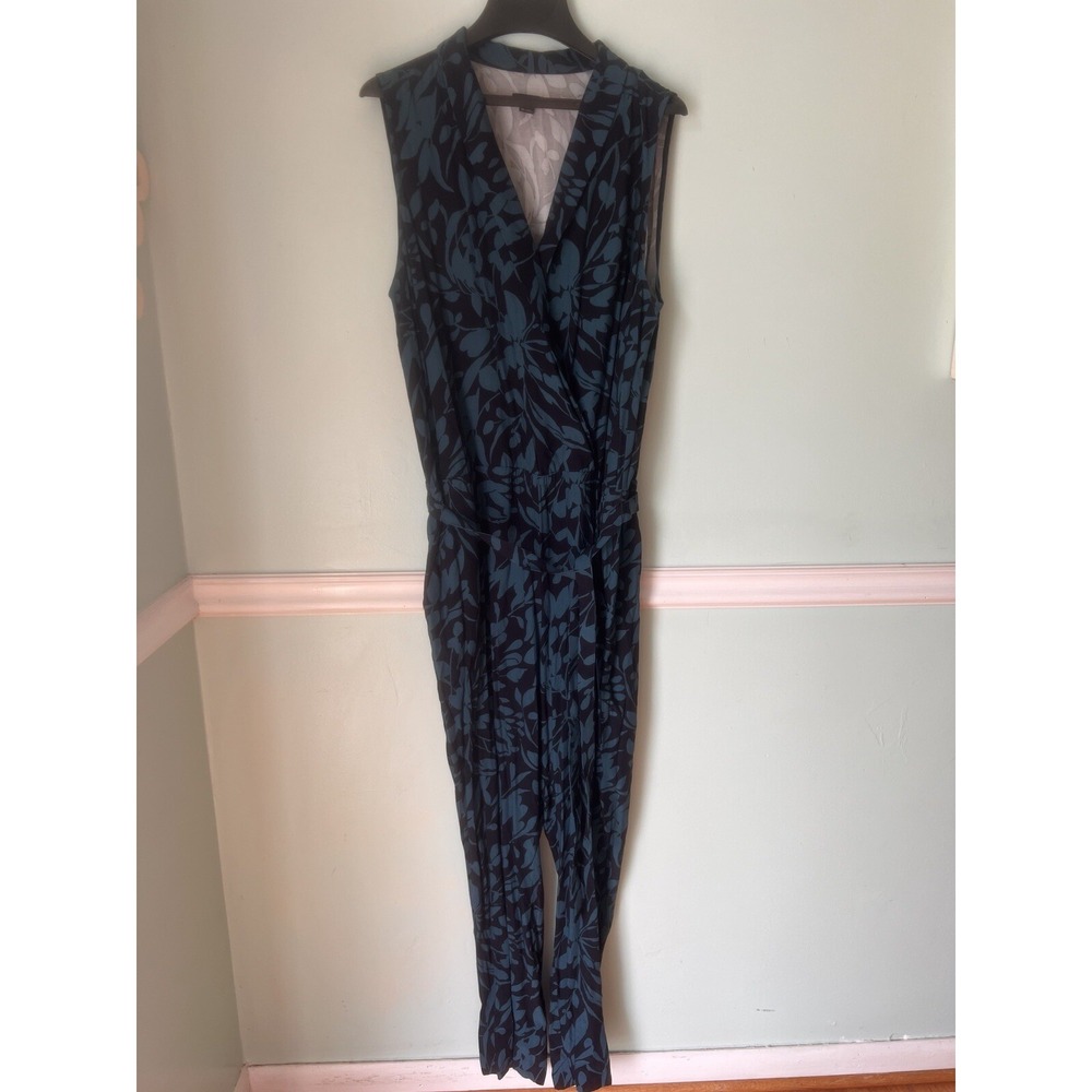 Ann Taylor Loft Navy Teal Blue Floral Romper Jumpsuit 16T Belted Pantsuit
